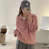 Women Knitted Pullover Autumn Zipper and Lapel Sweater Loose Long Sleeve Knitwear Top