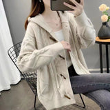 Women Knitted Cardigan Vintage Sweater Coat Loose Hooded Knit Cardigan
