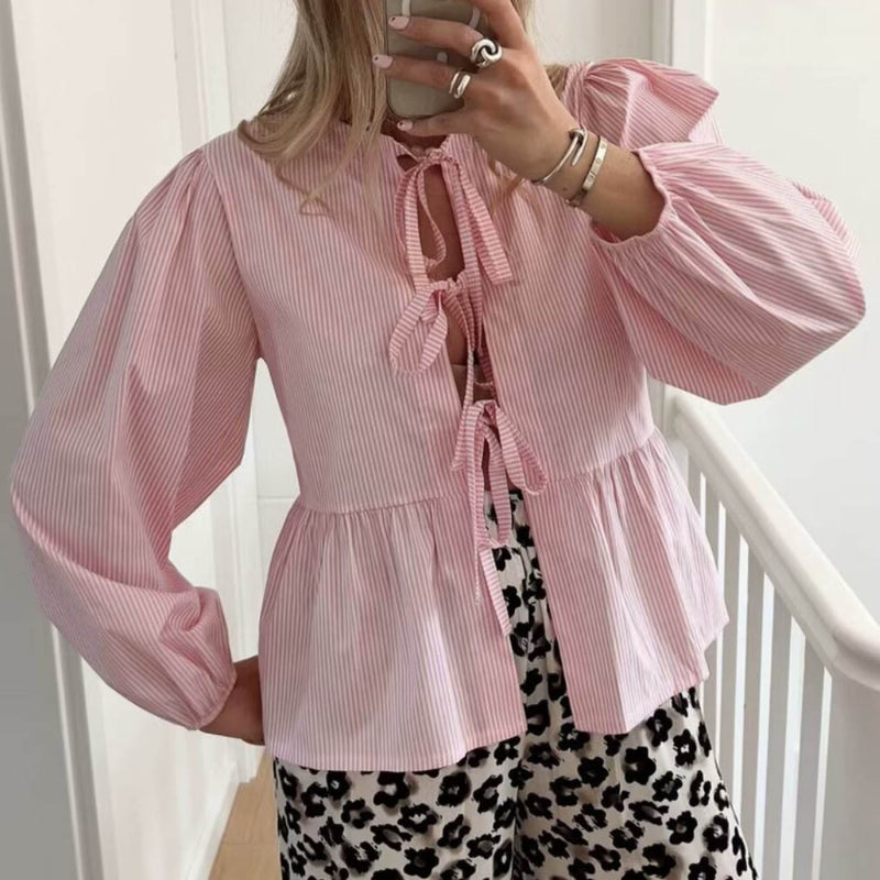 Women Tops Summer Puff Sleeve Bow Lace-up Shirt Mid-Length Top