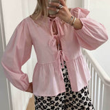 Women Tops Summer Puff Sleeve Bow Lace-up Shirt Mid-Length Top
