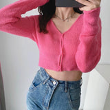 Women Sweater Knitwear Mohair Micro-Transparent Knitted Cardigan Spring Sexy V-neck Short Single-Breasted Top