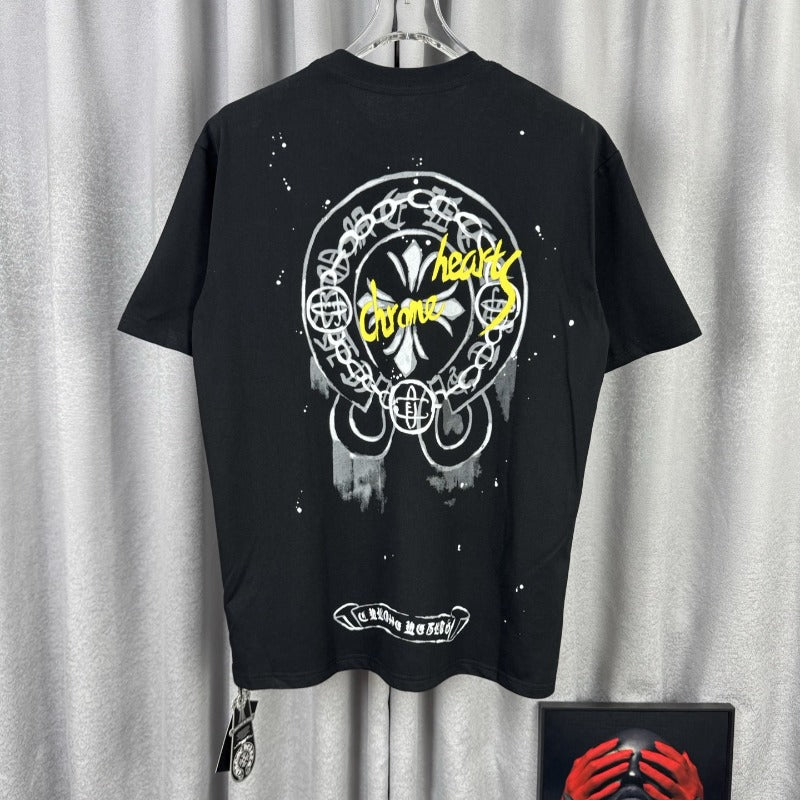 Ch hip-hop t shirts high street ch short sleeve spray painting graffiti splash ink horseshoe sanskrit cross logo american style