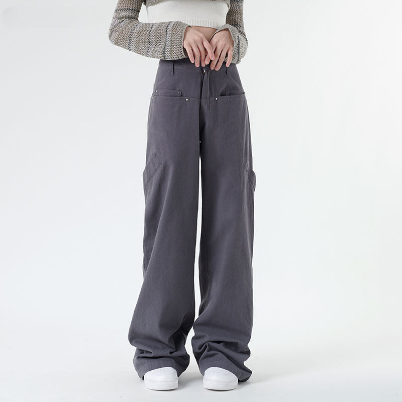 Women Sweatpants Vintage Solid Color Straight Cargo Pants Wide-Leg Casual Pants