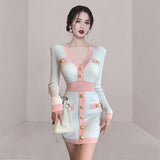 Women Maxi Dress Autumn and Winter V-neck Knitted Long-Sleeved Dress Woolen Skirt