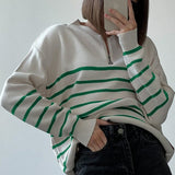 Ladies Leisure Knitwear Zipped round Neck Striped Sweater Autumn and Winter Loose Large Size Casual Long-Sleeved Knitwear