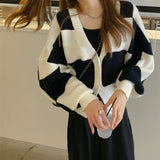 Women Knitwear Spring/Autumn V-neck Vintage Chessboard Plaid Loose Knitted Cardigan Coat
