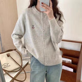 Women Knitted Cardigan Smiling Face Embroidery Crew Neck Sweater Cardigan Knitted Coat