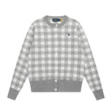 Rl ralph pony classy chess white grids wool sweater knitting round neck cardigan women's sweet socialite casualoutwearfall and winter