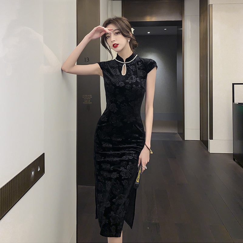 Women Maxi Dress Autumn Vintage Cheongsam Velvet Dress