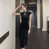 Women Maxi Dress Autumn Vintage Cheongsam Velvet Dress