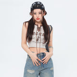 Women Vest Retro Drawstring Sleeveless T-shirt Vest