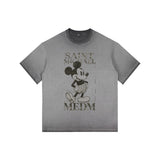 Washed distressed horror mickey saintmichaelmedm retro american t-shirt looseheavy weight round neck