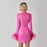 Women Dresses Autumn and Winter Long Sleeve Feather Cuffs Bandage Dress Elegant Dress Party Dress Skirt (Ont0408)