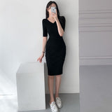 Women Dresses Autumn Retro V-neck Thin Knitted Dress Hip Skirt