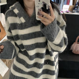 Women Knitwear Autumn and Winter Striped Hooded Sweater Loose Sweater