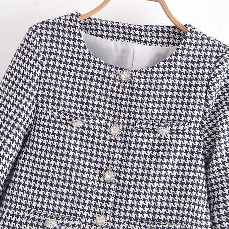 Women Woolen Coat Houndstooth Chanel Coat Autumn Top Short Cardigan
