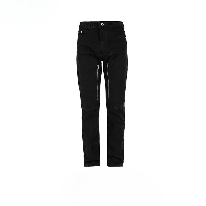 MIJKO Men Vintage Pants MIJKO Zipper Trim Trousers Slim-Fit Jeans