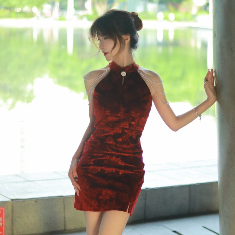 Women Maxi Dress Spring and Autumn Velvet Cheongsam Dress