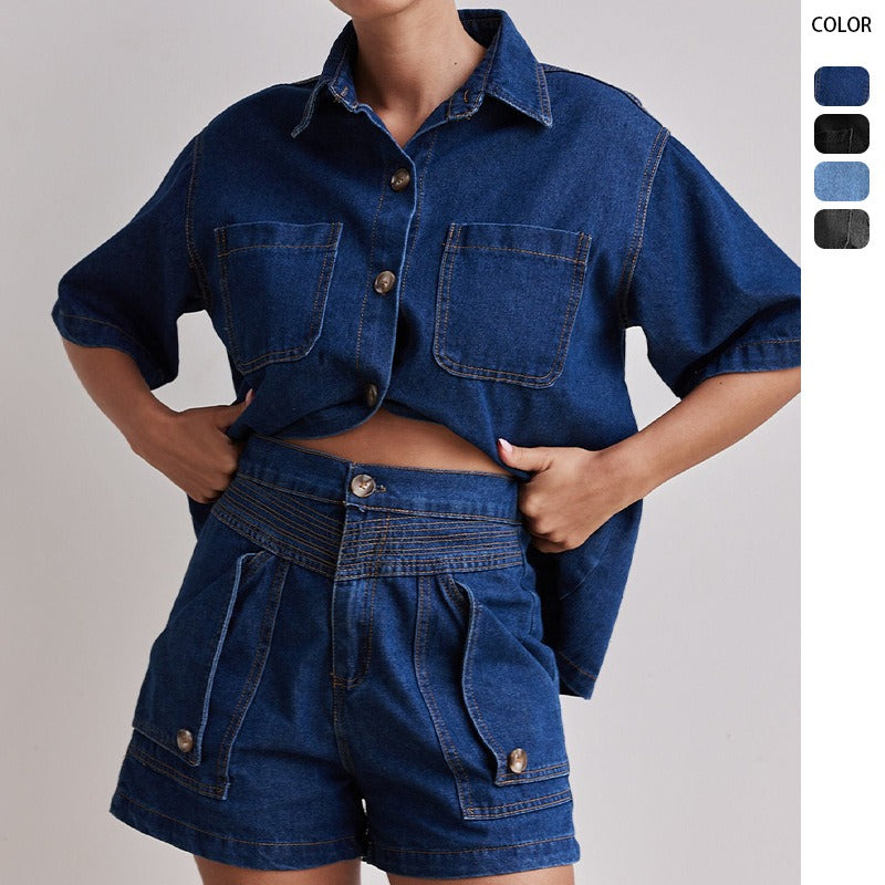 Women's pants: summer amazon cross-border european and american style casual retro loose shirt & denim shorts set - denim women's