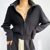 Women Sweater Knitwear Vintage Double Zipper Lapel Cardigan Top Coat Short Long Sleeve Sweater