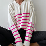 Ladies Leisure Knitwear Zipped round Neck Striped Sweater Autumn and Winter Loose Large Size Casual Long-Sleeved Knitwear