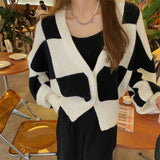 Women Knitwear Spring/Autumn V-neck Vintage Chessboard Plaid Loose Knitted Cardigan Coat