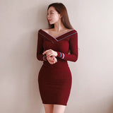 Women Maxi Dress Spring, Autumn and Winter V-neck Striped Knitted Slim Fit Sweater Dress