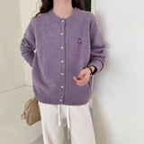 Women Knitted Cardigan Smiling Face Embroidery Crew Neck Sweater Cardigan Knitted Coat