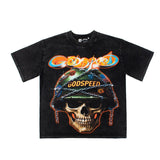 Hip-hop t-shirts: american skull warrior print, relaxed fit, washed vintage, distressed, casual, trendy short-sleeve tee