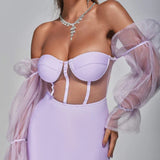 Women Evening Dress Sexy Mesh Hollow Bandage One-Piece Dress