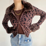 Women Sweater Knitwear Fall and Winter Lapels Slim-Fit Zipper BF Coat Leopard Print Knitted Cardigan