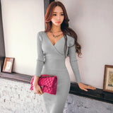 Women Maxi Dress Spring and Autumn Sexy Deep V-neck Knitted Dress