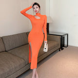 Women Maxi Dress Autumn Winter Sexy Hollow-out Hip Skirt