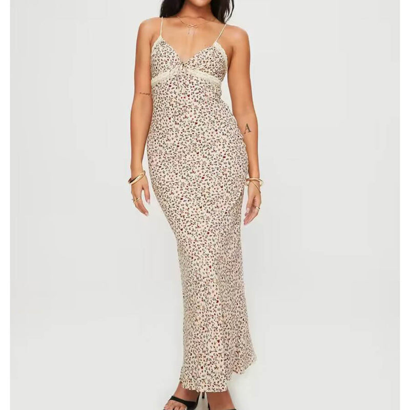 Women Dresses Summer V-neck Lace Floral Strap Dress Backless Sexy Dress (Xds0414)