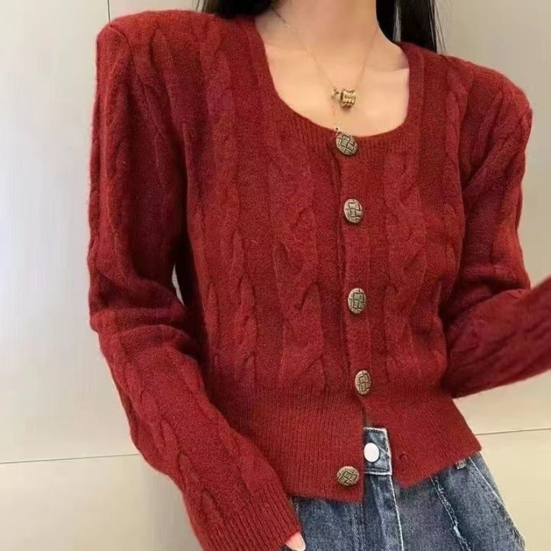 Women Knitwear Spring and Autumn Square Collar Sweater Loose Knitted Cardigan