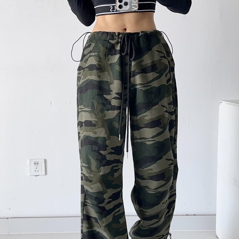 Women Sweatpants Autumn Vintage Camouflage Printed Overalls Loose-Fitting Wide-Leg Trousers