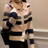 Women Knitwear Fall and Winter Lapels Striped Sweater Loose Knitted Cardigan
