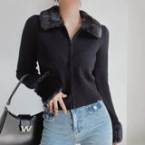 Women Sweater Knitwear Fall and Winter Lapels Slim-Fit Zipper BF Coat Leopard Print Knitted Cardigan
