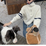Women Knitwear Fall and Winter Lapels Half Zipper Sweater Loose Sweater