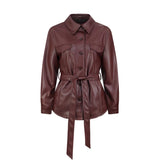 Women Leather Jacket Fall and Winter Lapels Long Sleeve Motorcycle Washed PU Leather Shirt Coat