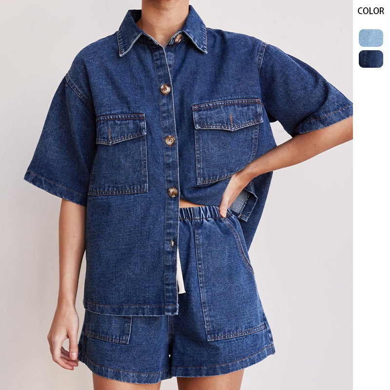 Women's pants: european and american cross-border spring/summer retro casual loose pocket short sleeve shirt & shorts denim set