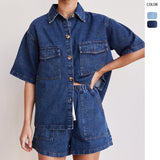Women's pants: european and american cross-border spring/summer retro casual loose pocket short sleeve shirt & shorts denim set