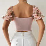 Women Party Tops Halter Perspective Butterfly Embroidered Suspender Mesh Vest