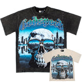 Hip-hop t-shirts: american high street retro washed & distressed skull print oversized short sleeve tee - trendy style