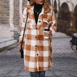 Women Trench Coat Autumn Lapel Long Sleeve Loose Plaid Single Breasted Long Plush Casual Coat