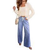 Women's pants - in stock - women's fashion - european & american style - plus size - high waist - drawstring - loose fit - wide leg - slimming - denim trousers - women's