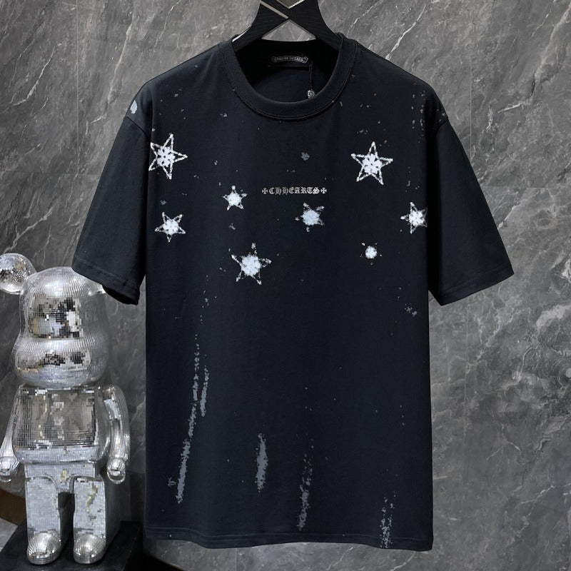 Ch hip-hop t shirts ch snowflake five-pointed star horizontal axis sanskrit lettering film short-sleeved american heavy weight couple