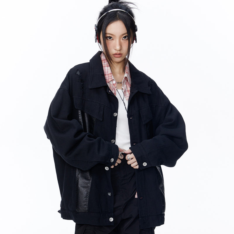 Unisex Jacket Autumn Ripped Pu Splicing Coat