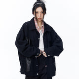 Unisex Jacket Autumn Ripped Pu Splicing Coat