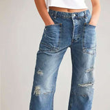 Women's pants: in-stock european & american retro distressed straight-leg jeans, casual patchwork long pants, loose-fit denim for women